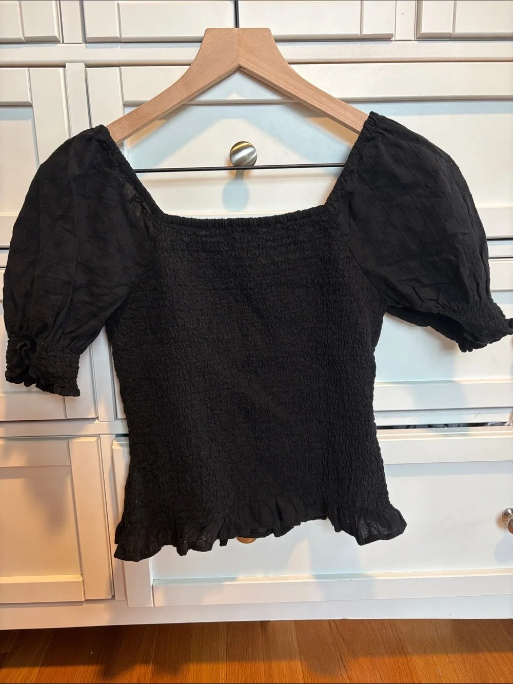 Madewell Black Puff-Sleeve Smocked Square-Neck Blouse